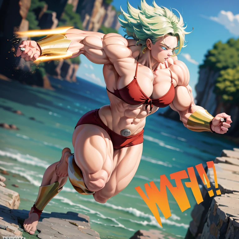 A detailed drawing of Kale as a legendary super warrior, weiblicher Bodybuilder Charakter, extrem definierte Muskeln, dicke Nackenmuskulatur, breite Schultern, muscular shoulders, defined and muscular chest, large , extrem dicker Bizeps, definierte Bauchmuskeln, dicke definierte beinmuskeln, Adern pulsieren aus den Muskeln, dark green hair color, she is wearing a skimpy red bikini, barefoot, strongest woman in the world, unbesiegbar, great power, grimmiger Gesichtsausdruck, Full body image