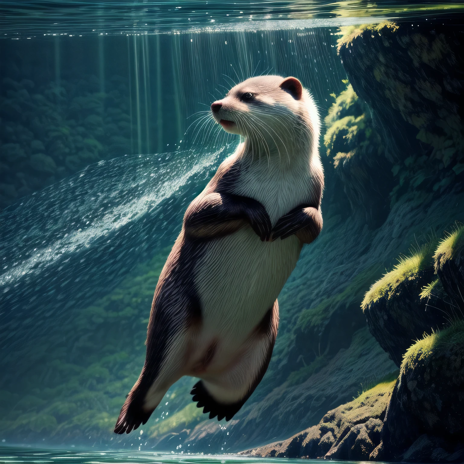 (best quality,highres),An Otter,sparkling water,playful,curious eyes,floating on its back,smooth fur,water droplets,shiny whiskers,slippery rocks,green vegetation,rippling waves,reflection of the sun,clear blue sky,vivid colors,natural habitat,splashing water,joyful movement,peaceful atmosphere,sunlit day,serene energy,water ripples,graceful swim,catching fish,dreamy scenery,endearing expression,blissful moment,masterpiece:1.2