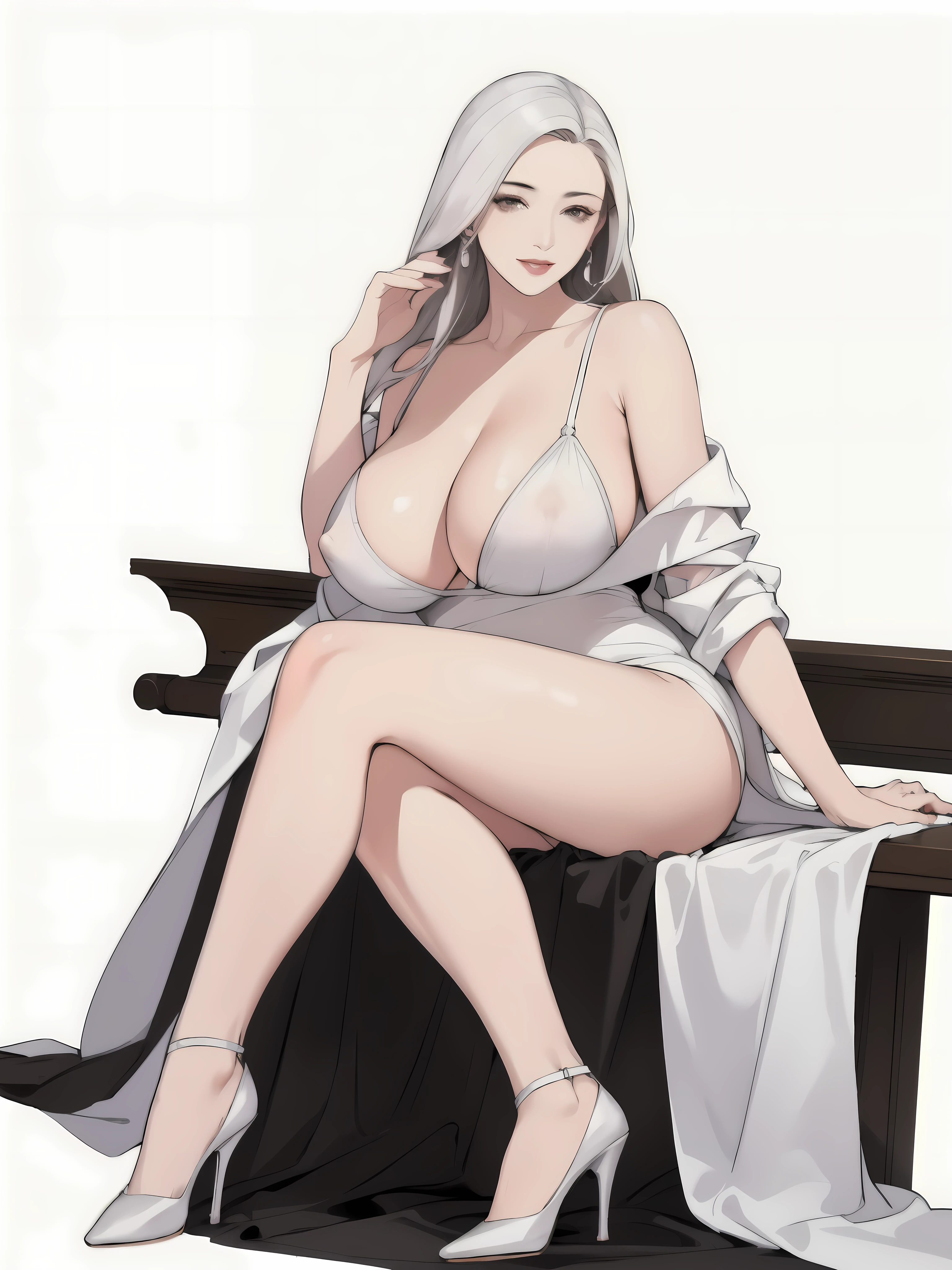 diona shin, sitting, portrait, red lips, nsfw, portrait, (masterpiece, best quality), solo, looking at viewer, fw.dona.shin, mature female, sexy, hot, white hair, diona shin, white background, white hair, very soft breast , soft breast , milf, milf face, tease, detail face , large breast, perky breasts, portrait, cowboy shot, square lips, long hair, very long hair, white hair, earrings , smirk, chubby , milf, milf face, fantasy cloth, sexy, mini skirt, heels, sitting, full body