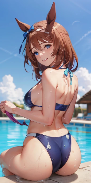 super creek \(umamusume\)、Close-up of the butt looking up from below、Get wet all over 1.5.Realistic、squat butt emphasis、13 year old girl、wearing a blue swimsuit,smile,cleavage emphasis,face reality,lips are a little red,cheeks are a little red,Sexy,pool