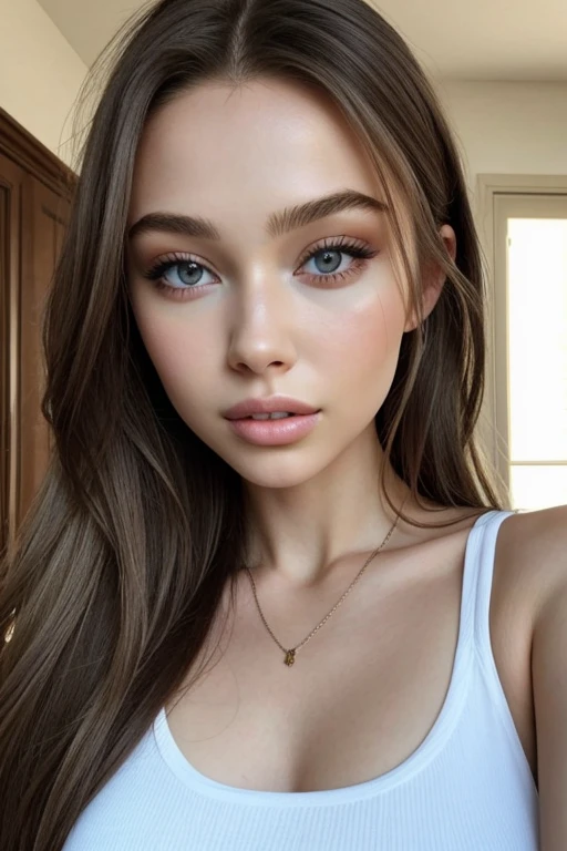 Woman completely ripped, Long cheveux noirs, Fille sexy aux yeux vert ne portant pas de  haut blanc et un pantalon bleu, ultra realistic, meticulously detailed, Portrait de Sophie Mudd et grands yeux, selfie d&#39;une jeune femme, yeux de la chambre, Violette Myers, sans maquillage, Maquillage naturel, regarder directement la caméra, comment con artgram, maquillage subtil, Superbe photo de tout le corps, modern and elegant clothing style