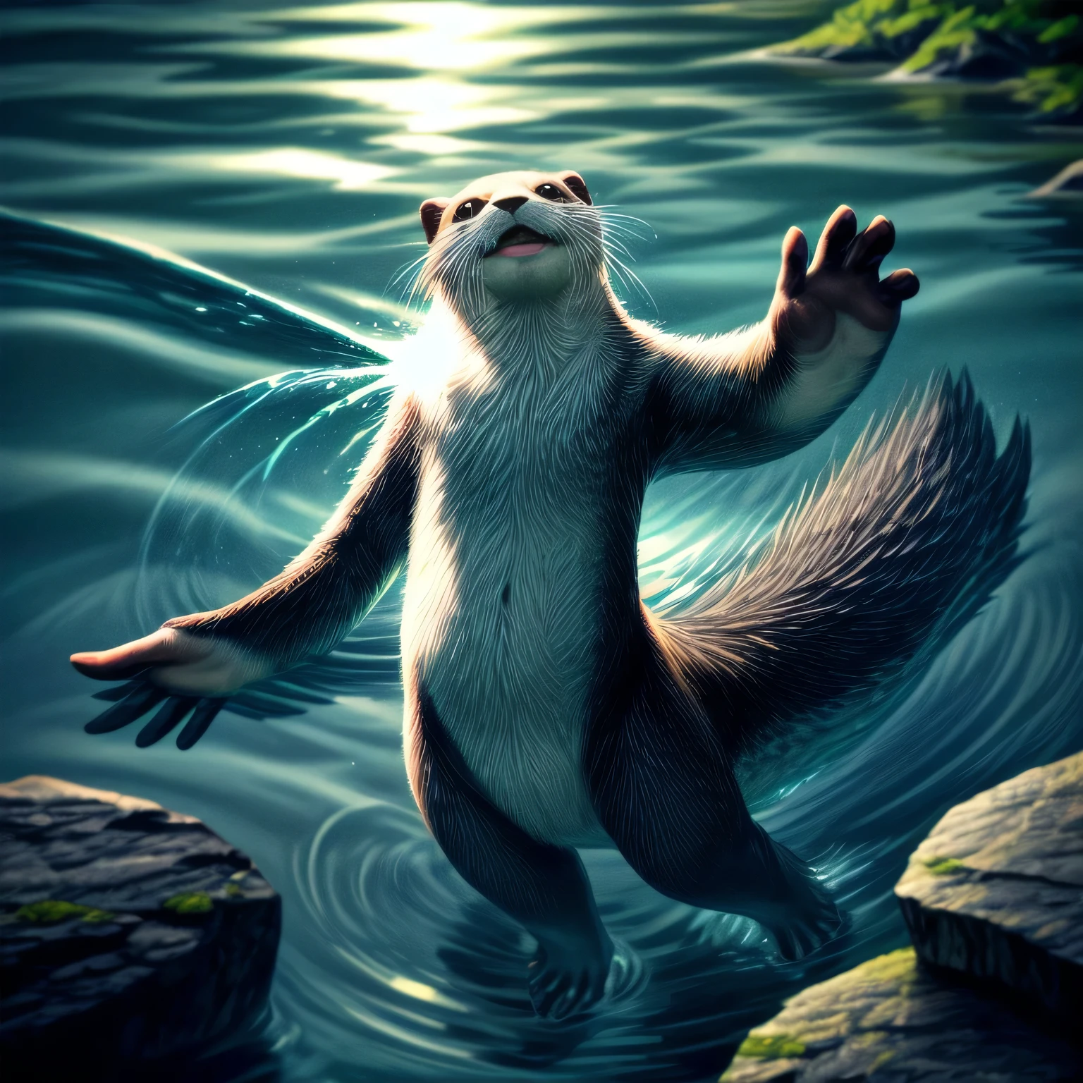 (best quality,highres),An Otter,sparkling water,playful,curious eyes,floating on its back,smooth fur,water droplets,shiny whiskers,slippery rocks,green vegetation,rippling waves,reflection of the sun,clear blue sky,vivid colors,natural habitat,splashing water,joyful movement,peaceful atmosphere,sunlit day,serene energy,water ripples,graceful swim,catching fish,dreamy scenery,endearing expression,blissful moment,masterpiece:1.2