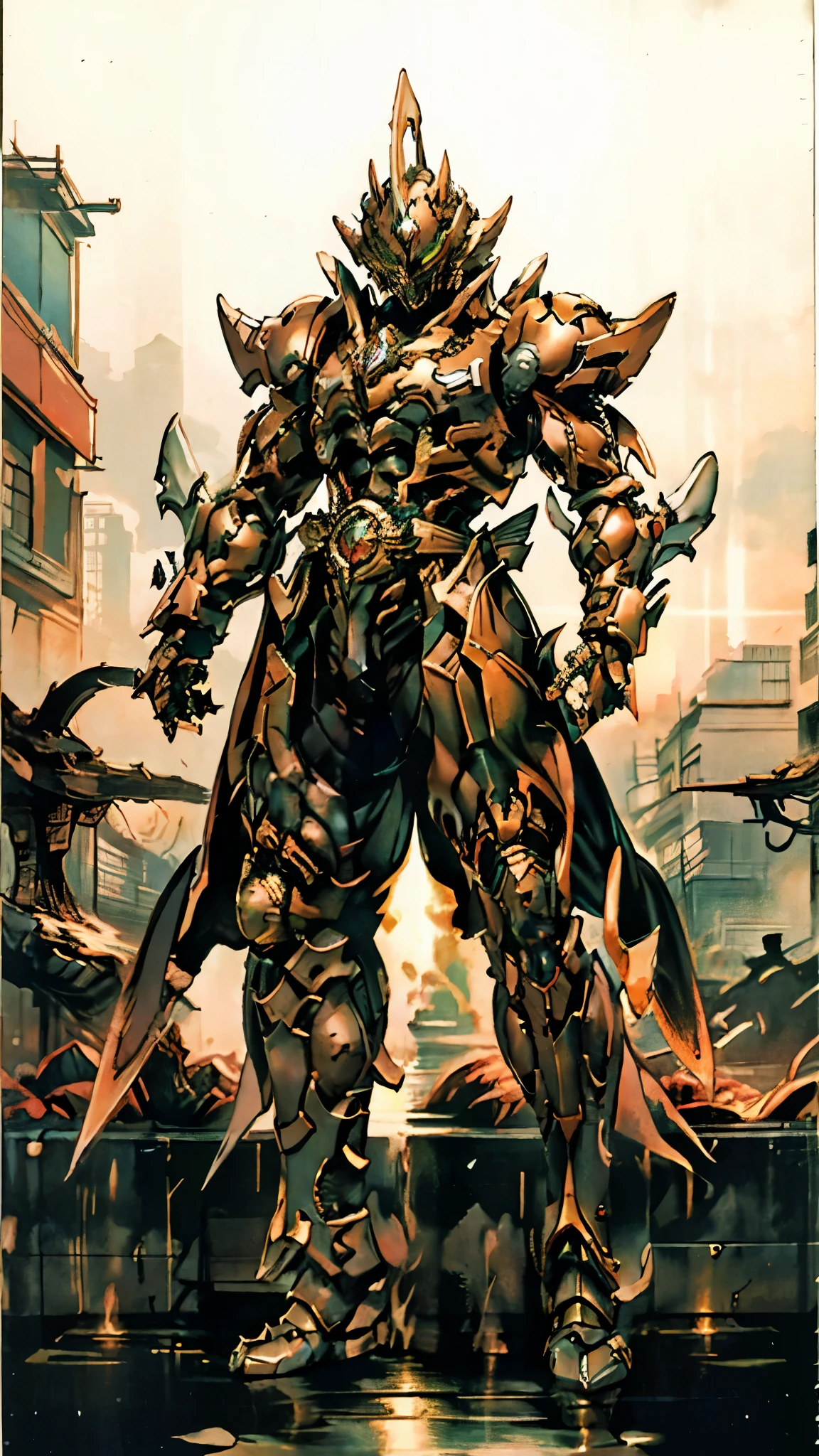A man wearing a full-face helmet, a fantasy-style biotech armored combat suit, green eyes, (a composite layered chest armor), fully enclosed shoulder guards, matching arm and leg guards, the belt is adorned with fangs biting into gem, (the color scheme is primarily black with red accents), the design balances heavy with agility, a high-tech bio-mecha armor, (Armor Concept Inspired by Lion, stand on the top of a skyscraper in a futuristic sci-fi city), this character embodies a finely crafted fantasy-surreal style armored hero in anime style, exquisite and mature manga art style, (element, plasma, energy, the armor glows), ((male:1.5)), metallic, real texture material, dramatic, high definition, best quality, highres, ultra-detailed, ultra-fine painting, extremely delicate, professional, perfect body proportions, golden ratio, anatomically correct, symmetrical face, extremely detailed eyes and face, high quality eyes, creativity, RAW photo, UHD, 32k, Natural light, cinematic lighting, masterpiece-anatomy-perfect, masterpiece:1.5