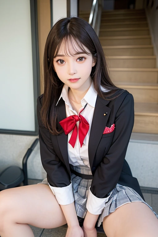 (In the detailed skirt))、 ((In the detailed skirt))、highest quality, masterpiece, Ultra-high resolution, (Realistic:1.4),, Full Body Shot, Front view, From below, ((15-year-old Japan high school girl))、One Girl, The most famous Japanese idols, Crouching on the stairs, ((Spread your legs))、((Wear Japan high school uniform)), (Very cute face like the most popular Japanese idol, (Very beautiful big eyes)), Very beautiful hair, Very beautiful skin, Very beautiful long eyelashes, Very beautiful lips, Very beautiful short body, Very beautiful thighs, An innocent smile, View your viewers, Dynamic pose, Detailed play area, ((Detailed matching of Japanese high school uniforms)), ((In the detailed skirt)、)((In the detailed skirt))、((In the detailed skirt画)、((Show the audience panties))