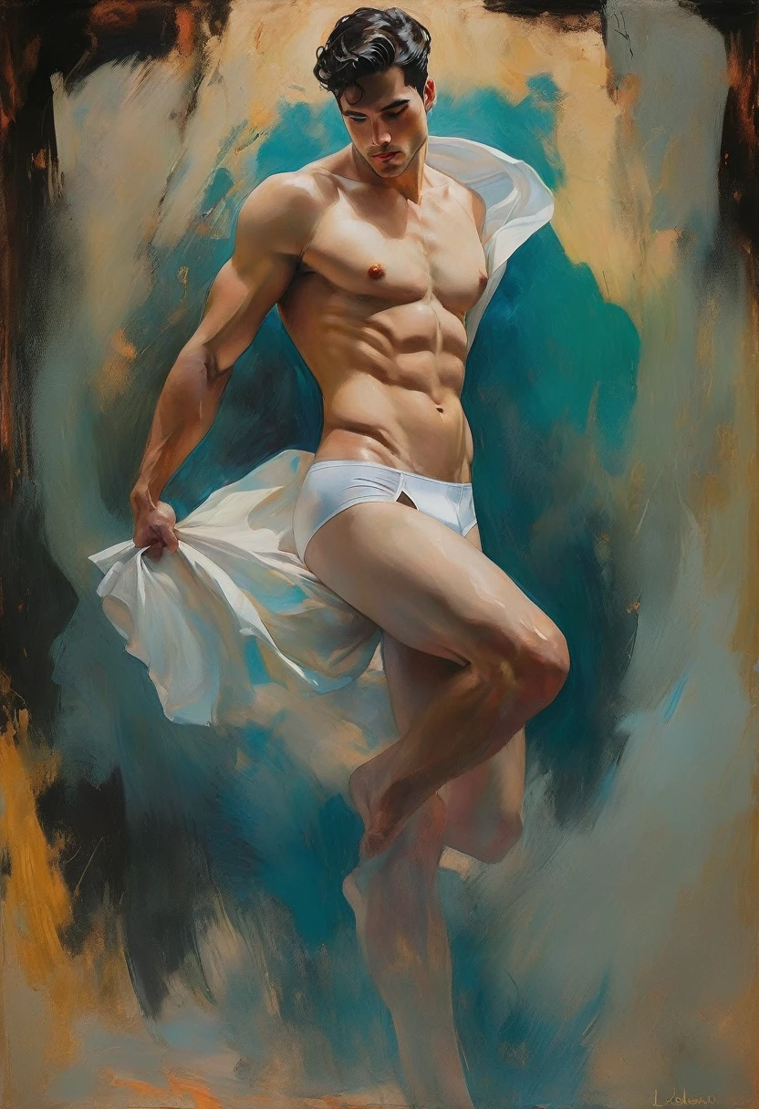 chiaroscuro technique on sensual illustration of an arafed man in white underwear, sexy masculine, diego fazio, male model, by Ludovit Fulla, model with attractive body, inspired by Ludovit Fulla, mid-shot of a hunky, the model draped in flowing, thick oil painting by Harumi Hironaka, extremely soft colors, vibrant, highly detailed, malcolm liepke painting, oil on canvas, high contrast, dramatic, refined, tonal, Create high contrast between light and shadow fire around