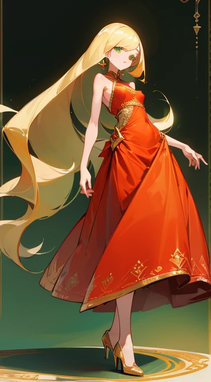 ((Highest quality)), ((masterpiece)), (Familiar), Lusamine,thin,thin,Long blonde hair,Small breasts,Small breasts,Erect nipples,Adult female,Green Eyes,Slanted Eyes,Sleeveless dress,Red dress,Gold embroidery,High heels,Fascinating,Long skirt,White shawl,Green Earrings
