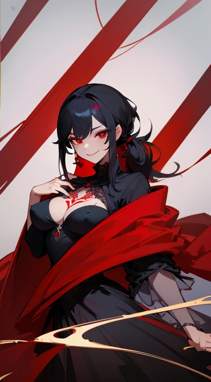 ((highest quality)), ((masterpiece)), (be familiar with),One female,Black Hair,Red eyes,Black Dress,Chest tattoo, Bewitching Smile,Heel,Black Hair,Hair tied around the neck,Red shawl,Erect nipples,(whole body),Slanted Eyes