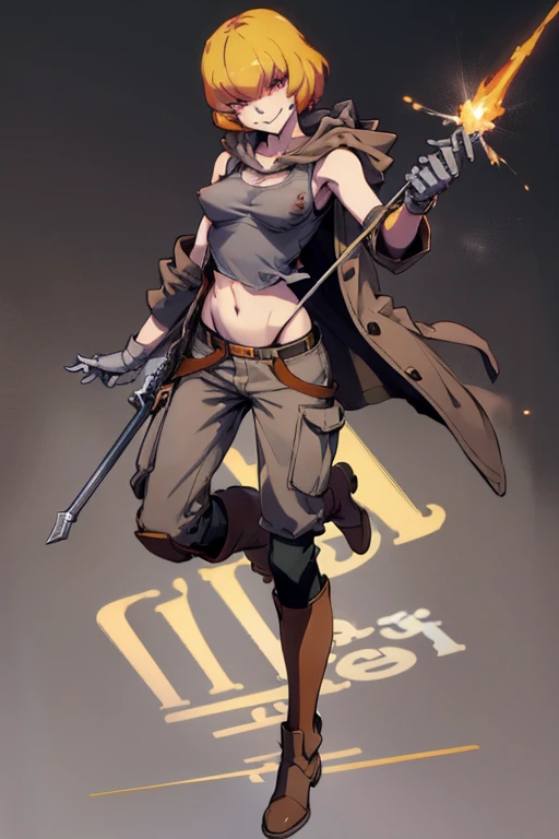 ((highest quality)), ((masterpiece)), (be familiar with),Clementine,Overload,{{nsfw}},Sleeveless hoodie,Grey Shirt,cargo pants,Bewitching Smile,whole body,boots,Long coat,Erect nipples
