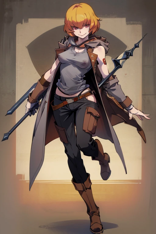 ((highest quality)), ((masterpiece)), (be familiar with),Clementine,Overload,{{nsfw}},Sleeveless hoodie,Grey Shirt,cargo pants,Bewitching Smile,whole body,boots,Long coat,Erect nipples