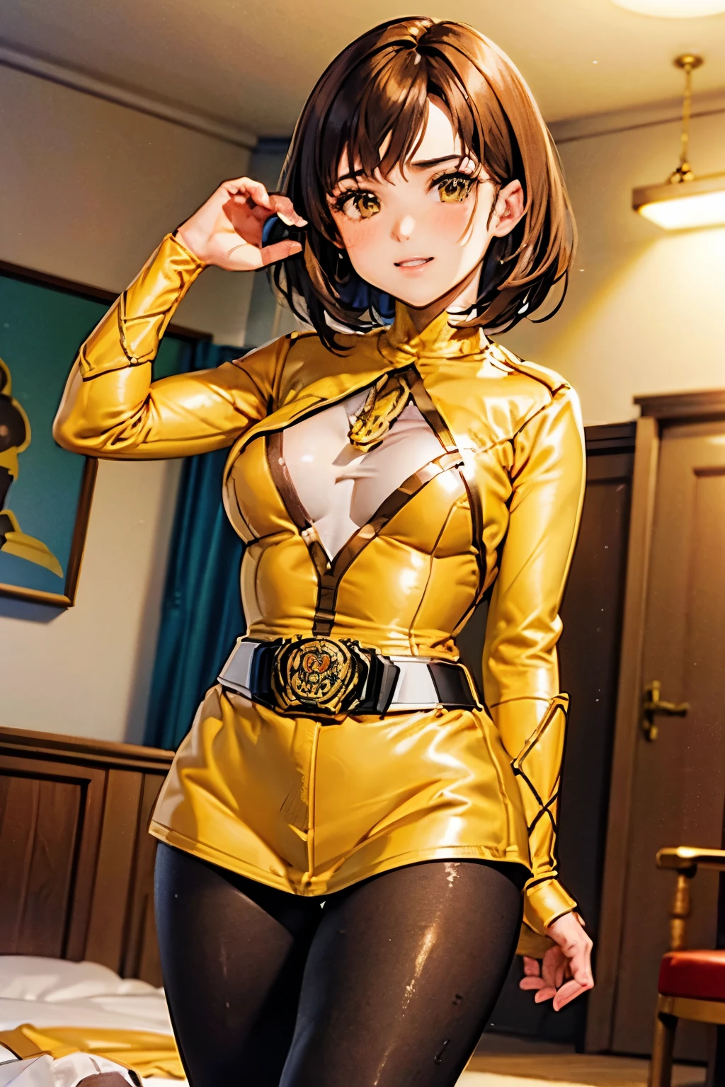 Luca Milfi、Gokaiger、Brown Hair、Short Hair、((pantyhose))、Photo from below、Medium chest、Bedroom、((Yellow Ranger))、One girl、((Bodysuits))