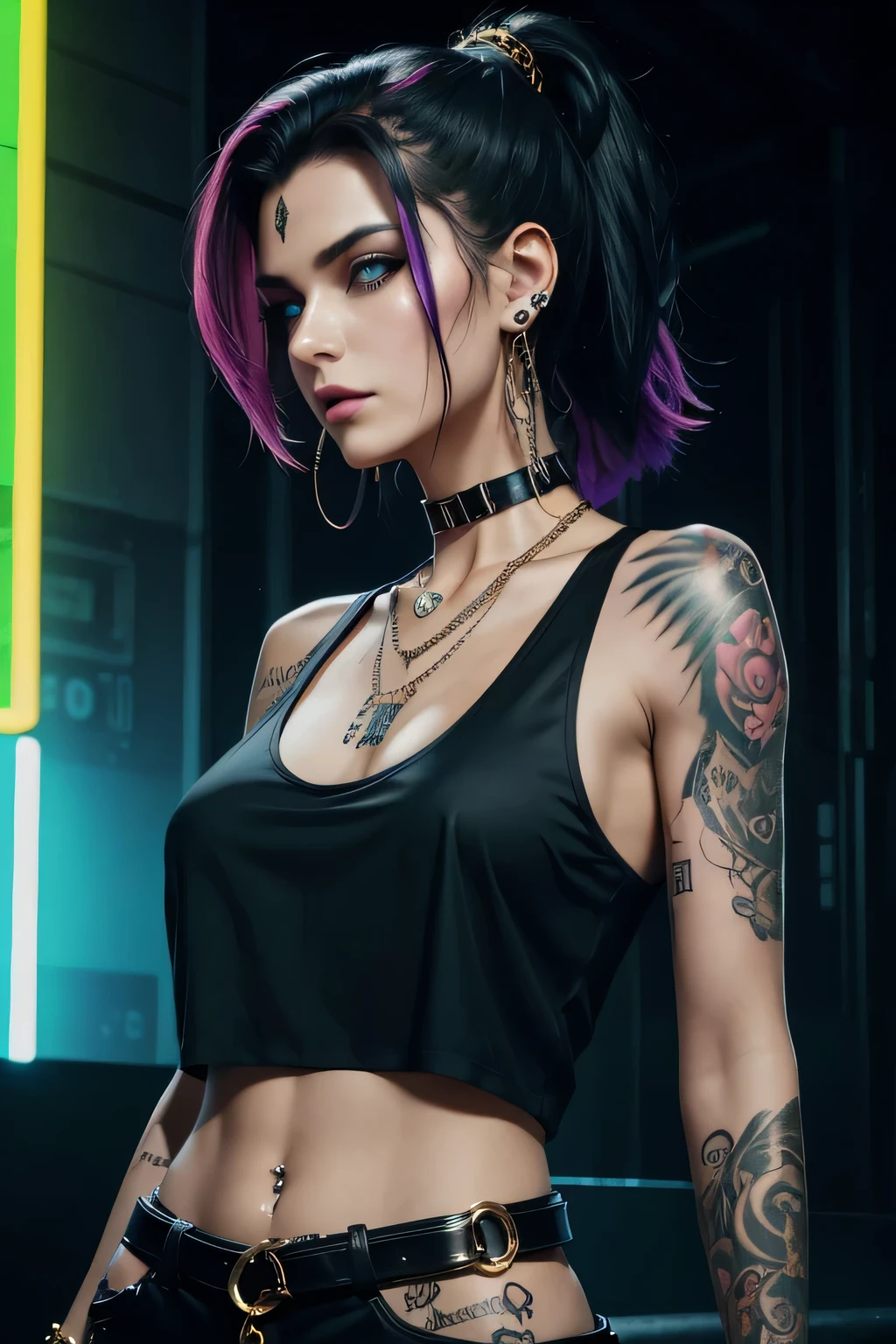 Cyberpunk style, neon colors in sceneary, araffe tattooed woman with a black top and a chain around her neck, She is wearing a black silky tank top, sieht aus wie Fabiula Natal, malika favre, wears an elaborate black collar, She wears streetwear, Piercings Kragen, tattooed, style of flavie audi, Nackentattoos, wears a black collar, wears a gold detailed choker, low angle, looking at viewer