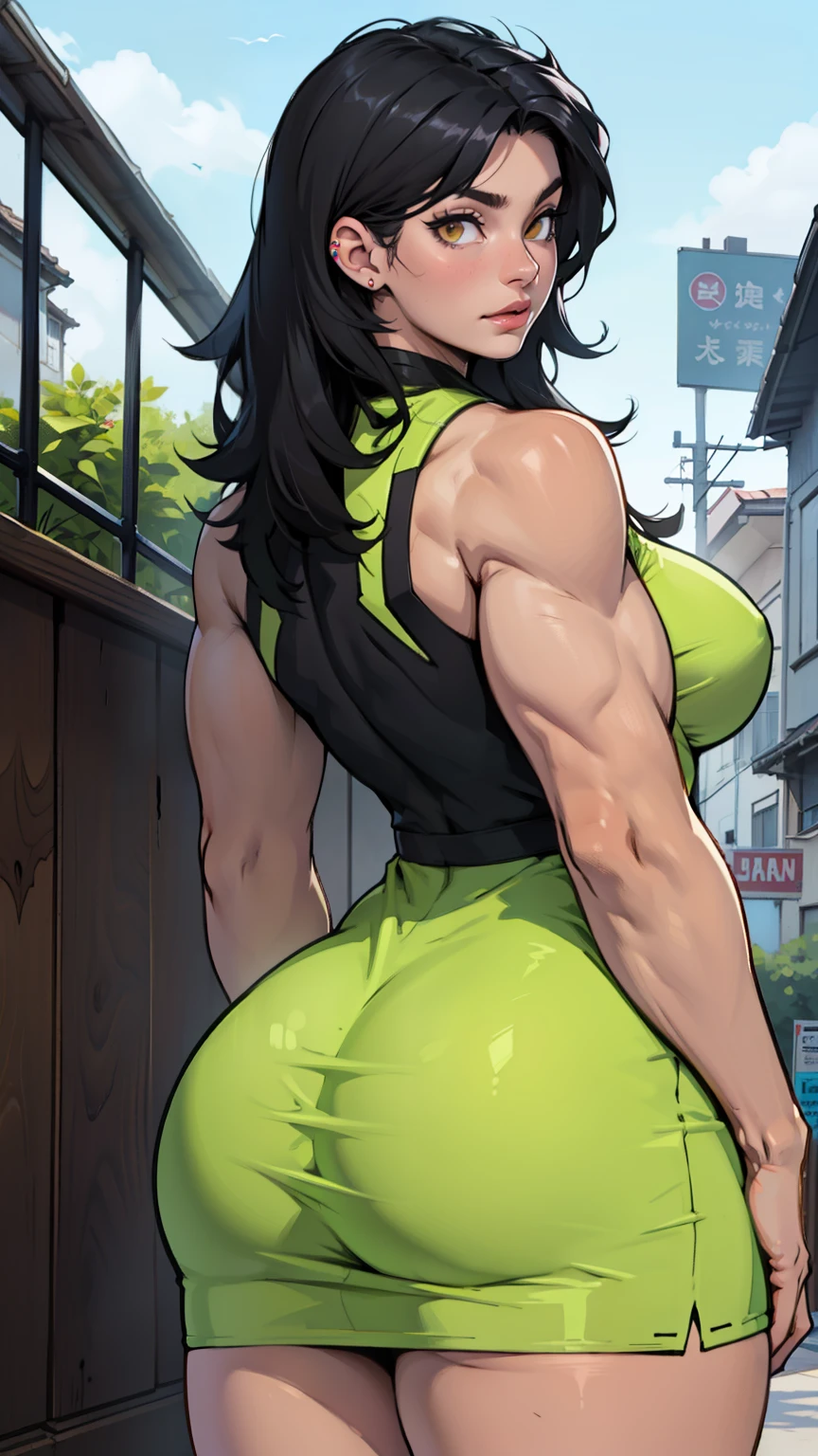 girl muscular thick black hair yellow eyes pale skin from behind tight dress huge ass