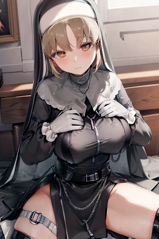 (best quality, masterpiece),(Best quality:1.5),Very detailed， Large Breasts,(shy expression:1.5),(solo:1.5),( A nun:1.5), Blonde hair,( Hair between the eyes:1.3), (supporting breasts with both hands:1.5),  sitting，(Black Nun dress:1.4)，(Wearing a black mask:1.5)，In the church，(Clothes that just be see-through at nipples part:1.4),(red nipples are just exposed out of the cloth:1.3),(visible red nipples:1.4),(exposed legs:1.3)，(exposed breasts:1.3)