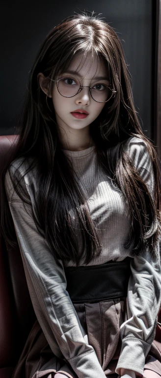 (UHD, Retina, masterpiece, precise, Anatomically correct, textured skin, Super Detail, High Detail, high quality, best quality, high resolution, 1080p, HD, 4K, 8k, 16K),Japanese woman sitting on a chair,脸上wear glasses, sunglasses, wear glasses, Ulzan, Woman with rose-colored glasses, Lumrat Currency, Wearing thin, large round glasses, Wearing pink glasses, Wearing small round glasses, Portrait of Keith Blackpink, blackpink jisoo, blackpink jisoo, Square glasses, sunglasses,White shirt transparent,Horse face skirt