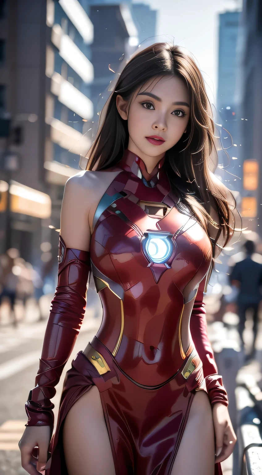 8k,Realistically,Glamorous,Very detailed,A 20-year-old girl, Sexy attractive woman, inspired by Iron Man,Wearing a shiny Iron Man dress。She dresses to look sexy and confident,Perfectly interprets the power and charm of Iron Man。Cyberpunk style night view of the city,Iron Man actor plays theme song《Sexy charming woman》。她Wearing a shiny Iron Man dress,Stand on a street lined with tall buildings。The city night scene is brightly lit,Reflected in her mecha,It adds a sense of futuristic technology。The surrounding buildings and streets are full of cyberpunk elements,like neon lights、High-tech installations and futuristic architectural design。The whole scene is full of futuristic and sci-fi feeling。This is HD、High-quality images will give you a stunning visual experience,will be sexy、The perfect combination of futuristic and sci-fi elements。oc rendering,Dramatic Lighting,Award-winning quality