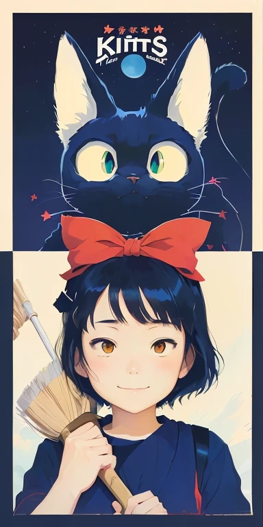 anime poster of a girl smiling with a cat on her head and a broom, Kikis Delivery Service, por Miyazaki, Kiki delivery service, por arte Kubisi, por Ikuo Hirayama, por Jason Teraoka, inspired por Miyazaki, por hayao miyazaki, inspirado em Tom Whalen, miyazaki animated film
