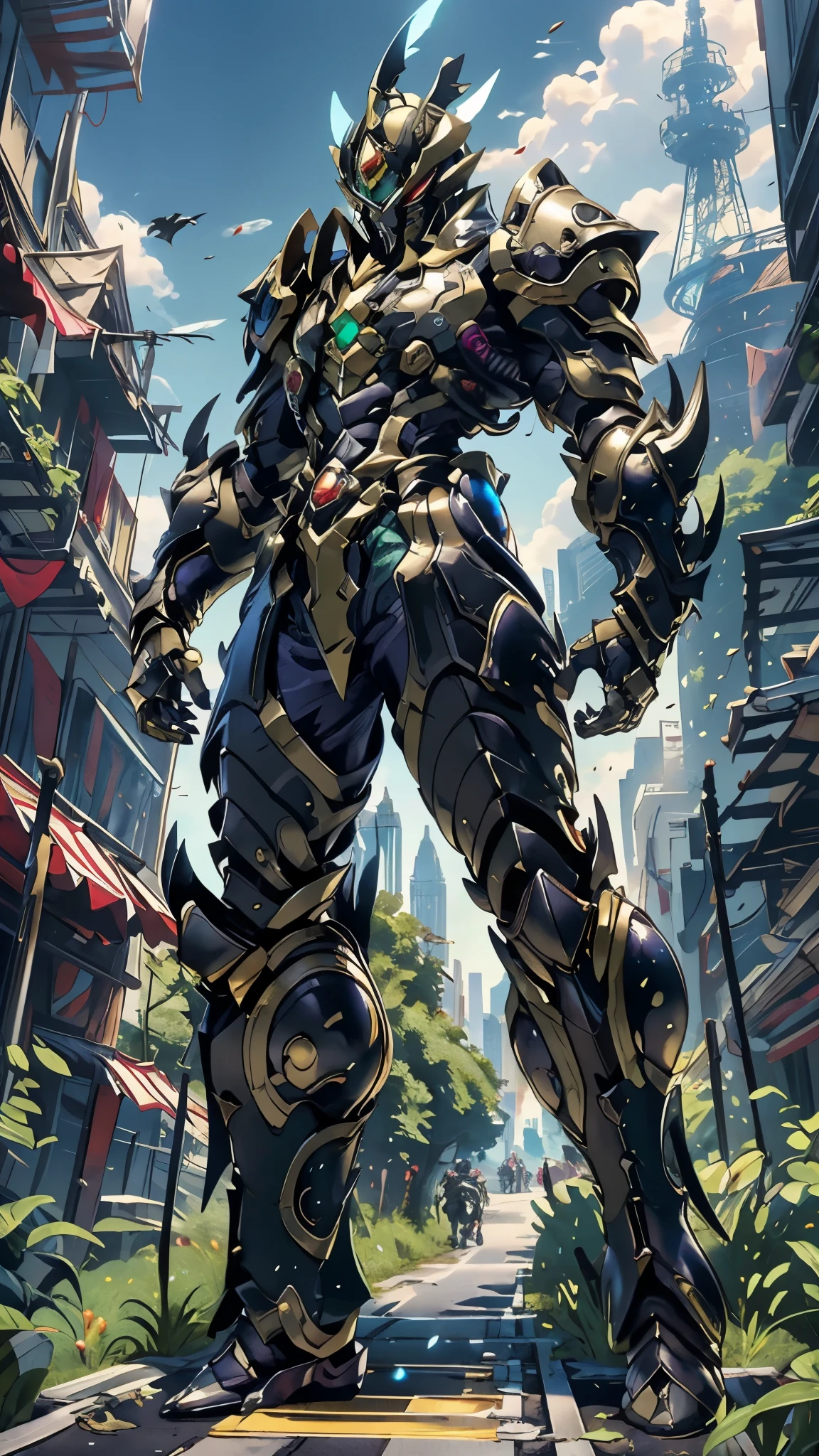 A man wearing a full-face helmet, a fantasy-style biotech armored combat suit, green eyes, (a composite layered chest armor), fully enclosed shoulder guards, matching arm and leg guards, the belt is adorned with fangs biting into gem, (the color scheme is primarily black with red accents), the design balances heavy with agility, a high-tech bio-mecha armor, (Armor Concept Inspired by Lion, stand on the top of a skyscraper in a futuristic sci-fi city), this character embodies a finely crafted fantasy-surreal style armored hero in anime style, exquisite and mature manga art style, (element, plasma, energy, the armor glows), ((male:1.5)), metallic, real texture material, dramatic, high definition, best quality, highres, ultra-detailed, ultra-fine painting, extremely delicate, professional, perfect body proportions, golden ratio, anatomically correct, symmetrical face, extremely detailed eyes and face, high quality eyes, creativity, RAW photo, UHD, 32k, Natural light, cinematic lighting, masterpiece-anatomy-perfect, masterpiece:1.5