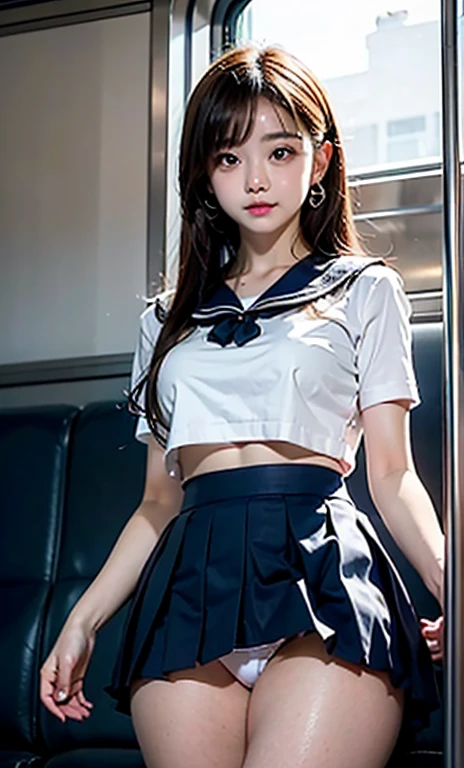 Highest Resolution、8k、Photorealistic、Bright lighting、1 female、、high school girl、high school girlアイドル、Very cute、Fair skin、Earrings、Face Light、(in the train)、((Holding on to the straps:1.3))、(Are standing)、Long brown hair with bangouth slightly open、blush、Long eyelashes、(Droopy eyes)、(Looking at the audience:1.3)、(White short-sleeved sailor suit:1.5)、(Very short white sailor suit)、Blue ribbon at neck、(Navy Pleated Mini Skirt:1.5)、(Very thin thighs)、(Slim legs)、Shiny Feet、(Very slim lower body:1.3)、(Drawing from below:1.3)、(Low angle from the front)、((You can see her white panties:1.5))、(Accurately Draw White Panties:1.3)、((Focus on the groin:1.5))、通学in the train、