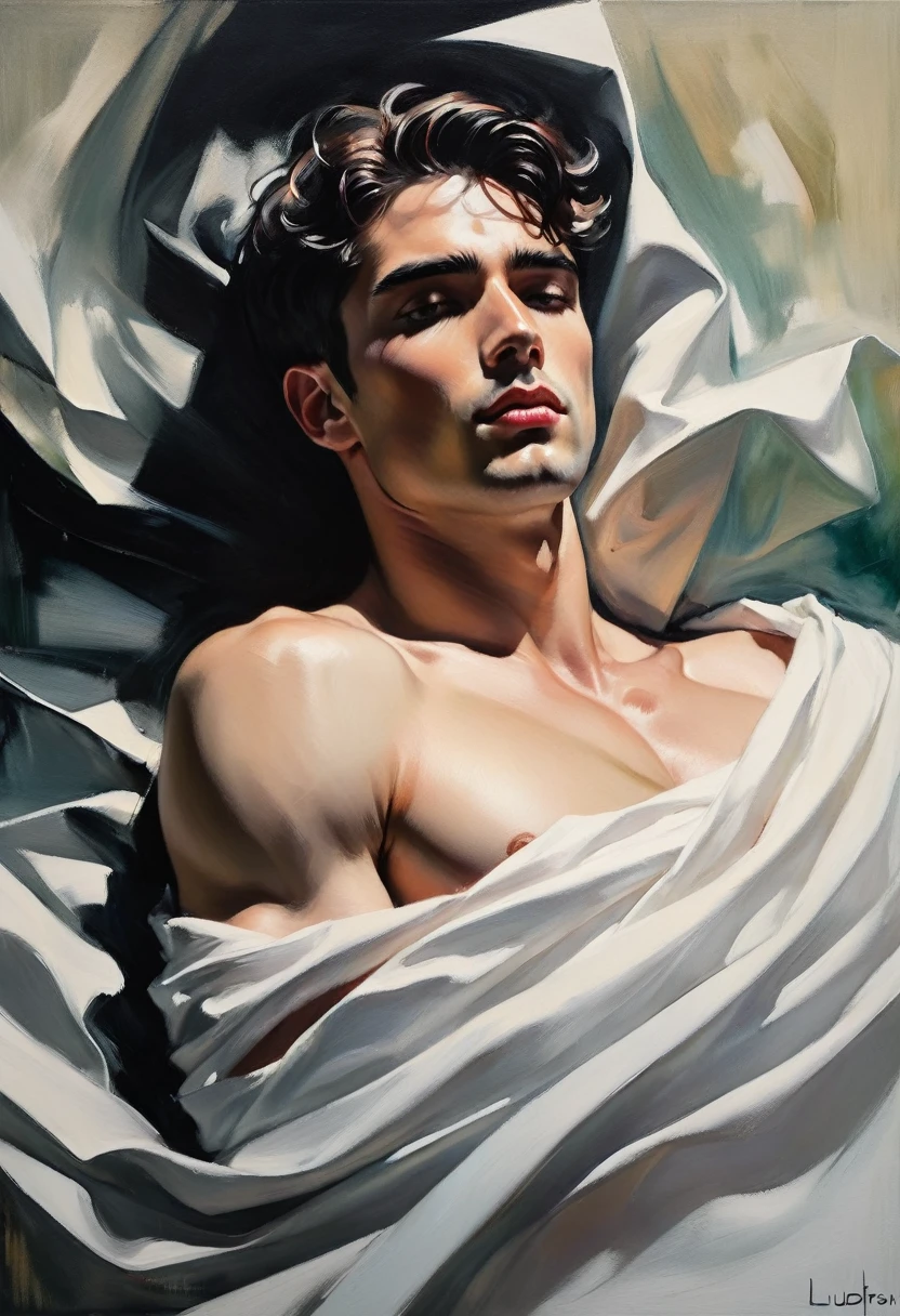 chiaroscuro technique on sensual illustration of an arafed man in white underwear, sexy masculine, diego fazio, male model, by Ludovit Fulla, model with attractive body, inspired by Ludovit Fulla, mid-shot of a hunky, the model draped in flowing, thick oil painting by Harumi Hironaka, extremely soft colors, vibrant, highly detailed, malcolm liepke painting, oil on canvas, high contrast, dramatic, refined, tonal, Create high contrast between light and shadow fire around
