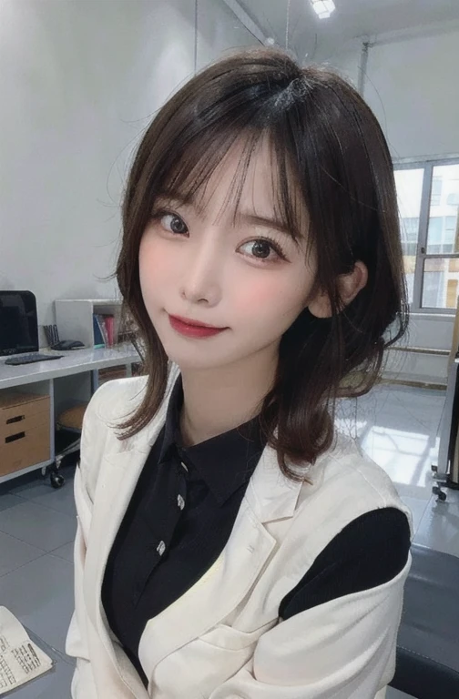(RAW Photos: 1.2), highest quality, Beautiful detailed girl, Office Lady, smile, Highly detailed eyes and face, Beautiful details, Large file size, High resolution, High resolution, 8k wallpaper, Finer details, Highly detailed ticker uniform, Light on the face, Cinema Lighting, 16-year-old girl, Sexy pose, (Photorealism: 1.4), Surrealism, From below, Super Detail, masterpiece, Sexy working office lady, black tights, whole body