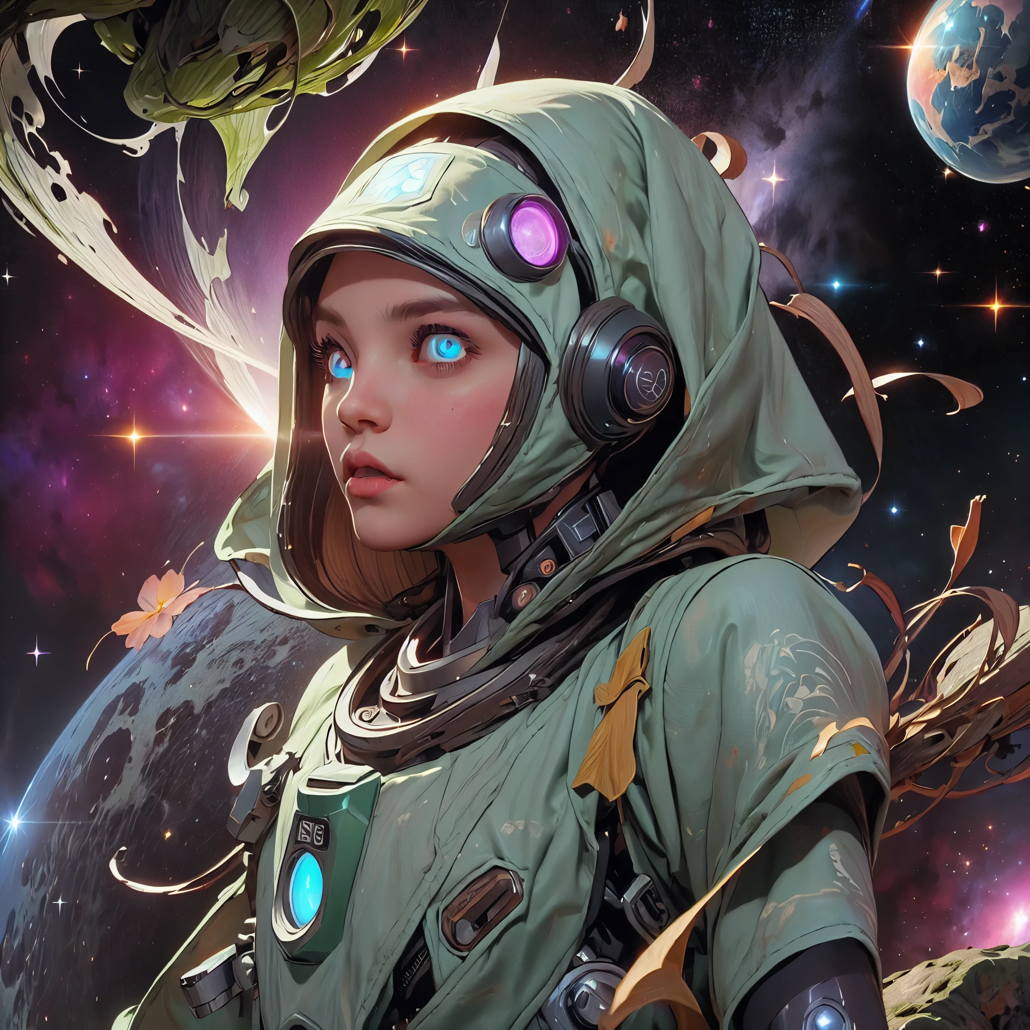 (symmetrical, beautiful eyes) there is a screenshot of a woman in a space suit, a cosmic girl, an event, a cosmic entity, incriminate content details, endless cosmos in the background, historical event, real event, astral background, cosmic background, cosmic goddess, cyborg goddess in cosmos, celestial cosmos, game interface, violet battlefield theme, cosmic style, hyperdetailed content, background details.