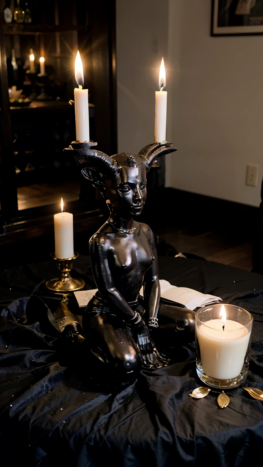 AN AMATEUR PHOTO, taken by a cell phone, angled view of an ultra-detailed Goetia altar. There are goblets with wine, a small pyramid with a black mirror in the middle, detailed magic symbols, a large number of candles lit in candlesticks. Some fruit dishes. Drink bottles. All of this, is on a table with a black tablecloth. There is a small black statue of Baphomet on the table (a representation of a black goat). The environment is a room for Masonic rituals.