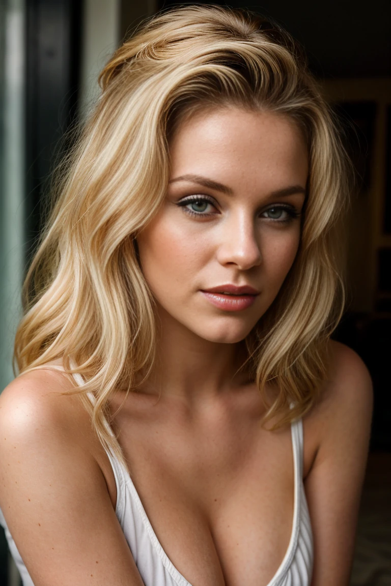 woman, blonde, very attractive, 23yo, american, looking at camera, high quality, realistic, 8K UHD, GTA V girl, beautiful hair, make-up, 50s