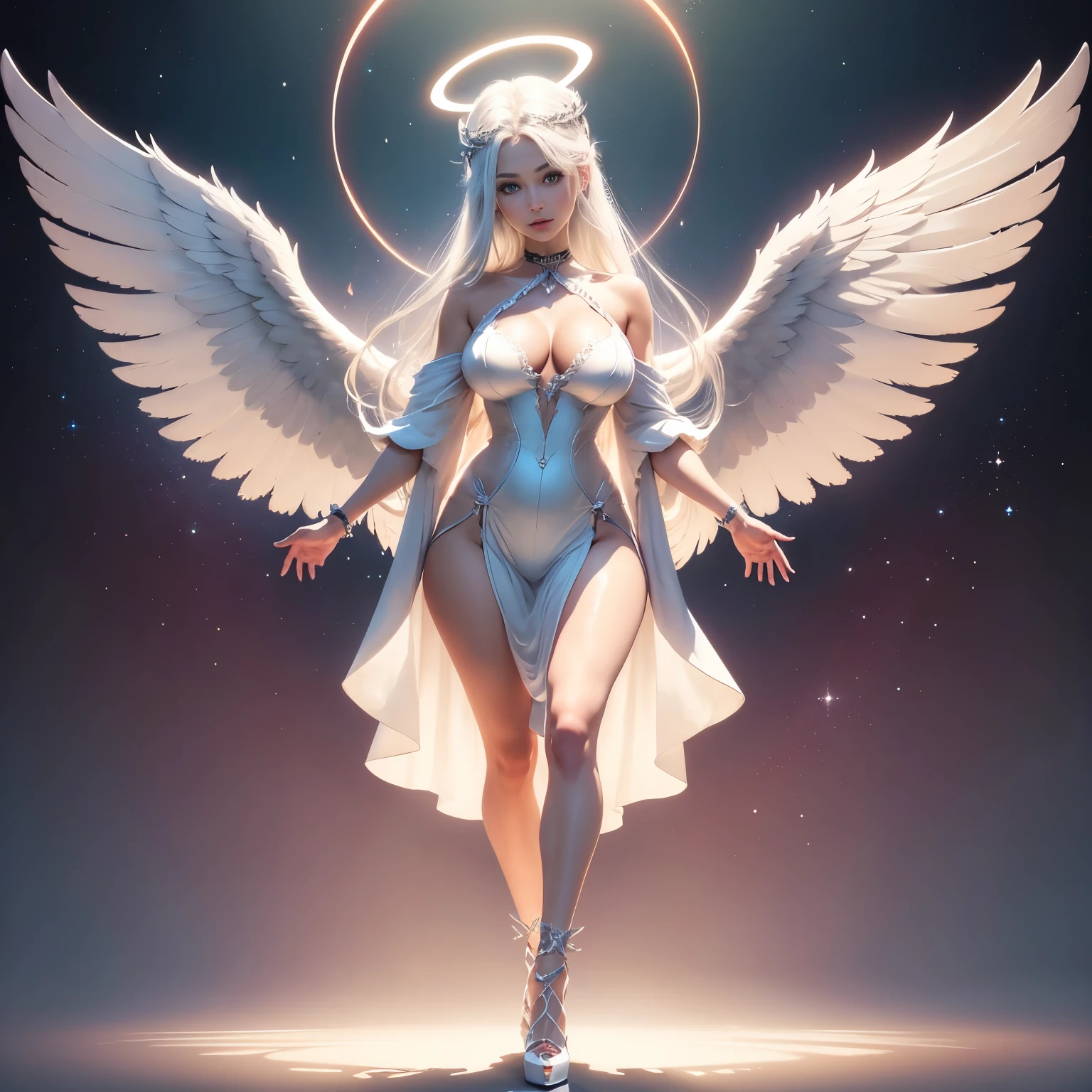 symmetry, portrait, full body shot, 8k, super detail, accurate, best quality, 16k, highres, best quality, award winning, super detail, anatomically correct, masterpiece, retina, UHD, Ombre, Smile, Cleavage, Pure, High heels, Laces, Glitter, No bra, Offshoulder, Highly detailed facial and skin textures, Detailed eyes, (photorealistic:1.4, clear:1.2, perfect body, beauty:1.4, slim abdomen:1.2, big breasts:1.2, fit:1.5, full-body shot:1.4, random hairstyles:1.2), choker, 1 angel girl, shining wings, shining halo, exquisite headdress, beautiful female angel, large wings, white hair, white wings, ((red dress, clothing, red theme)), on clouds, golden eyes, red background, attractive legs, sexy legs, tall legs, beautiful angel, attractive angel, ((full body female angel)), clouds, ((full body photoshoot, full body, far view, full body in view, heels in view, shining halo over head, extremely bright halo, halo)), slim figure, dressed, very bright colors, light particles
