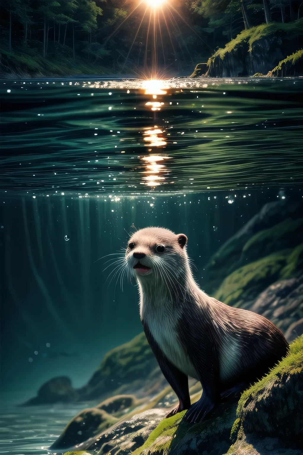 (best quality,highres),An Otter,sparkling water,playful,curious eyes,floating on its back,smooth fur,water droplets,shiny whiskers,slippery rocks,green vegetation,rippling waves,reflection of the sun,clear blue sky,vivid colors,natural habitat,splashing water,joyful movement,peaceful atmosphere,sunlit day,serene energy,water ripples,graceful swim,catching fish,dreamy scenery,endearing expression,blissful moment,masterpiece:1.2