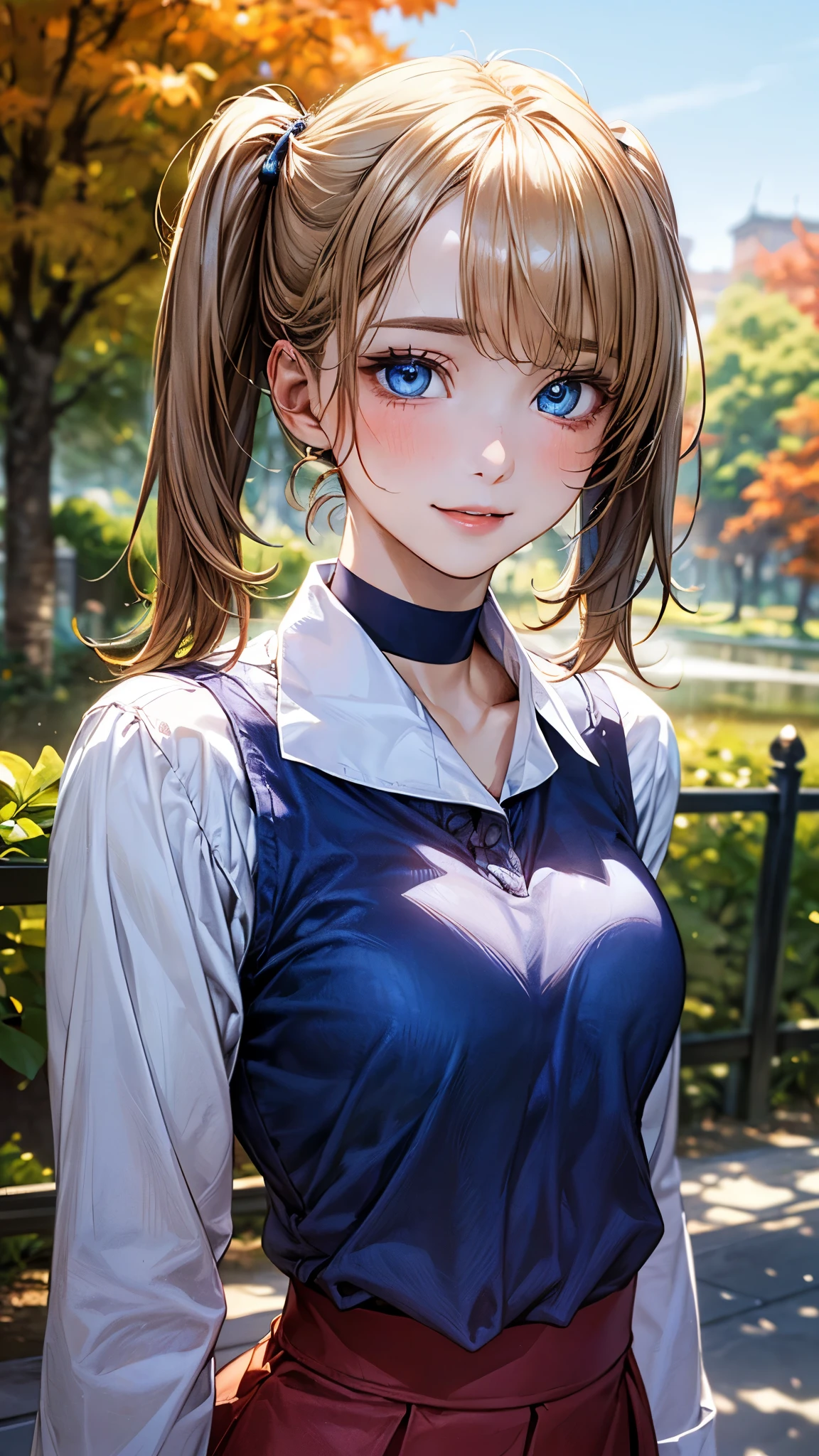 (masterpiece:1.2, top-quality), (realistic, photorealistic:1.4), beautiful illustration, (natural side lighting, movie lighting), bright colour, depth of field,
looking at viewer, (face focus, upper body), front view, 1 girl, japanese, high school girl, 25 years old, perfect face, cute and symmetrical face, white skin, shiny skin, shiny hair,
beautiful hair, beautiful face, beautiful detailed eyes, beautiful clavicle, beautiful body, beautiful chest, beautiful thigh, beautiful legs, beautiful fingers,
(short hair, twintails, sideburns:1.5, blonde hair), asymmetrical bangs, (deep blue eyes:1.3), big eyes, drooping eyes, long eye lasher, (medium breasts), slender,
(detailed cloth texture, (dark blue long sleeve denim collared shirt, light brown camisole:1.4, red skirt), hair clips, choker),
(beautiful scenery), in a row of ginkgo trees, it is dotted with maples, (blue sky in autumn:1.4, sun light), standing, (red blush, happy smile, parted lips),