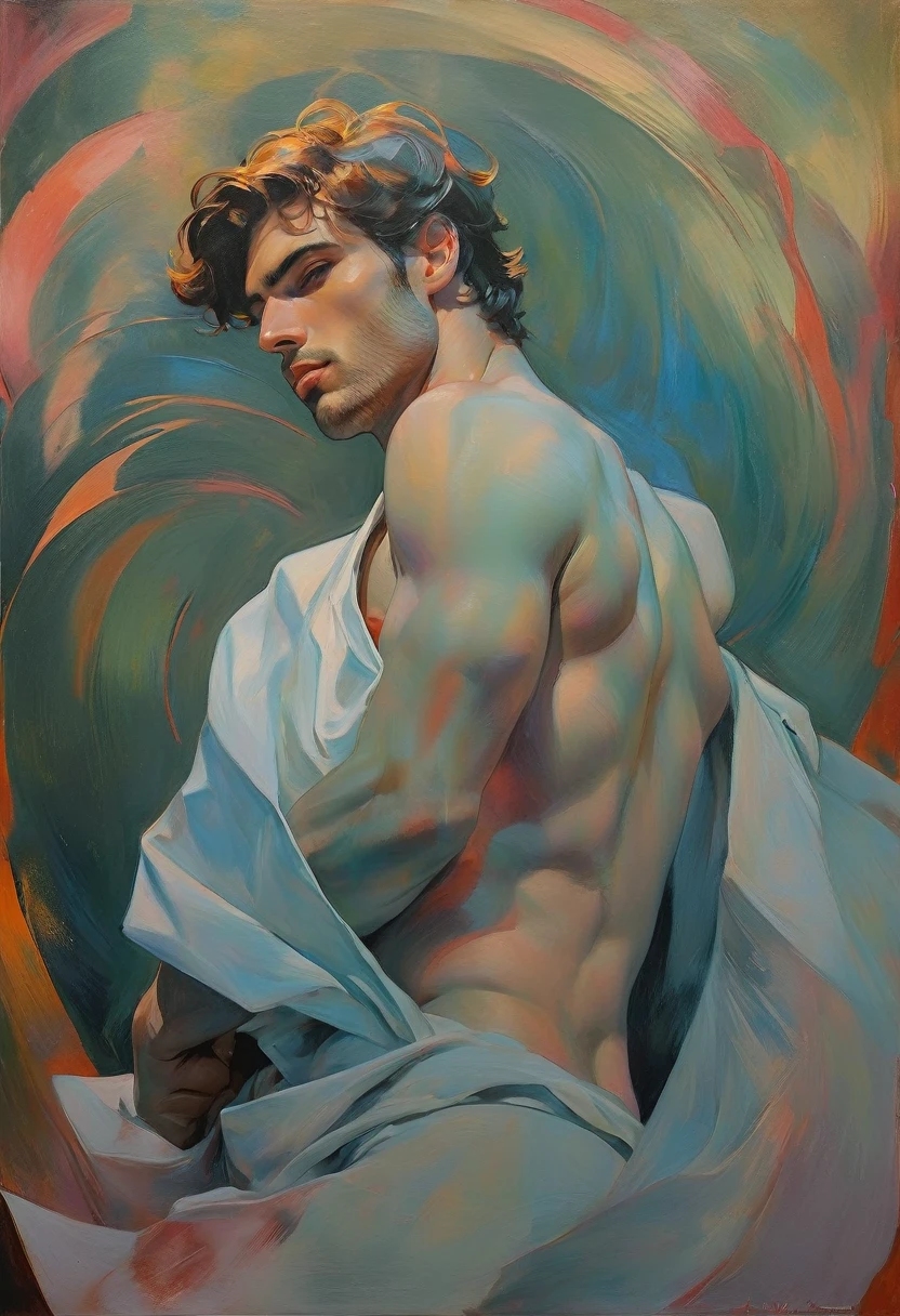 chiaroscuro technique on sensual illustration of an arafed man in white underwear, sexy masculine, diego fazio, male model, by Ludovit Fulla, model with attractive body, inspired by Ludovit Fulla, mid-shot of a hunky, the model draped in flowing, thick oil painting by Harumi Hironaka, extremely soft colors, vibrant, highly detailed, malcolm liepke painting, oil on canvas, high contrast, dramatic, refined, tonal, Create high contrast between light and shadow fire around