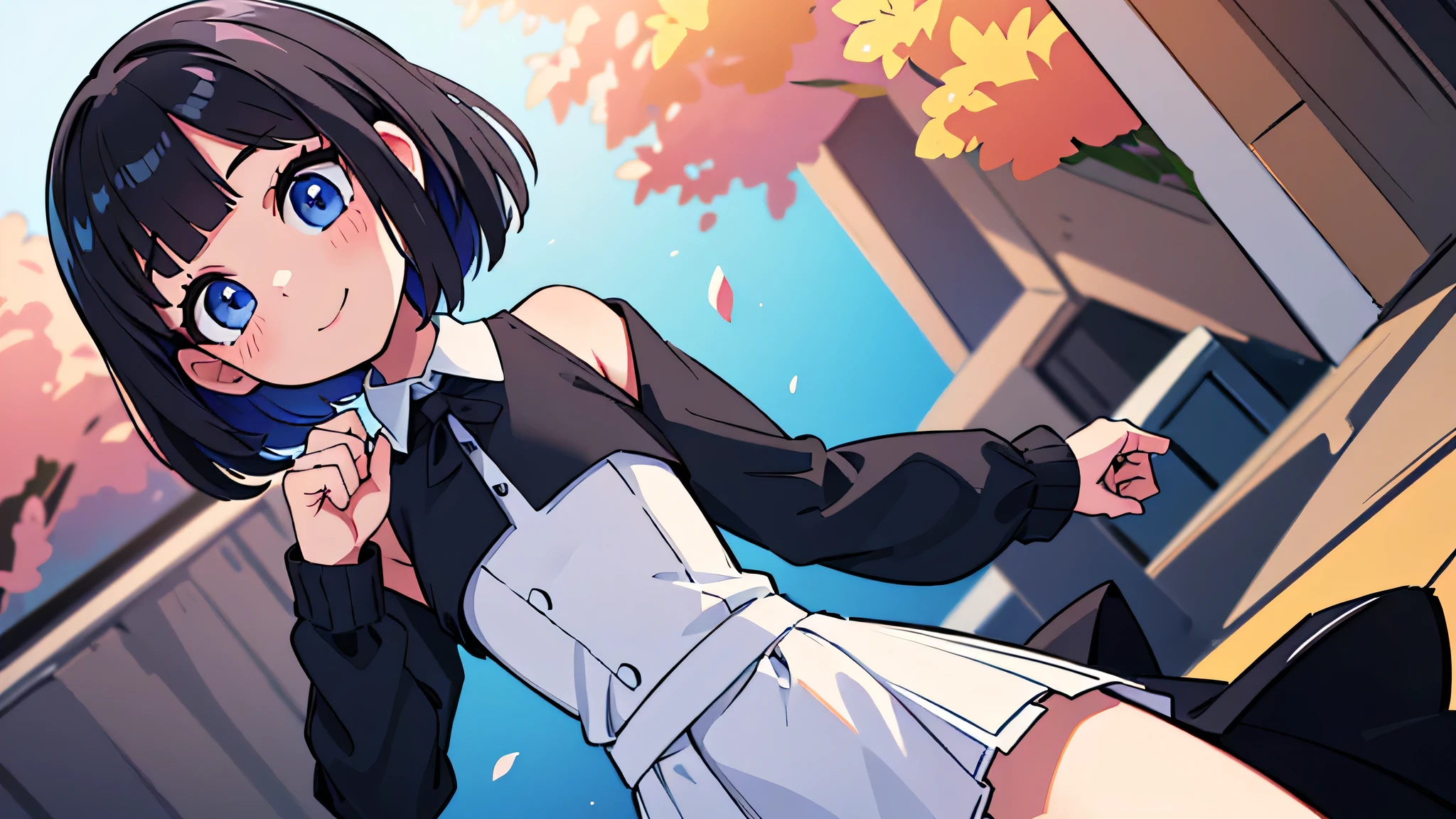 (ultra bright color, masterpiece, best quality, bloom, warm soft light, modern, hi-tech), 1girl, solo (background), white shirt, (black skirt) ,white stockingeautiful , beautiful detailed face, light smile, (black blue) medium hair, (detailed (blue) ruby eyes), sitrom side:0.8, young, small breasts