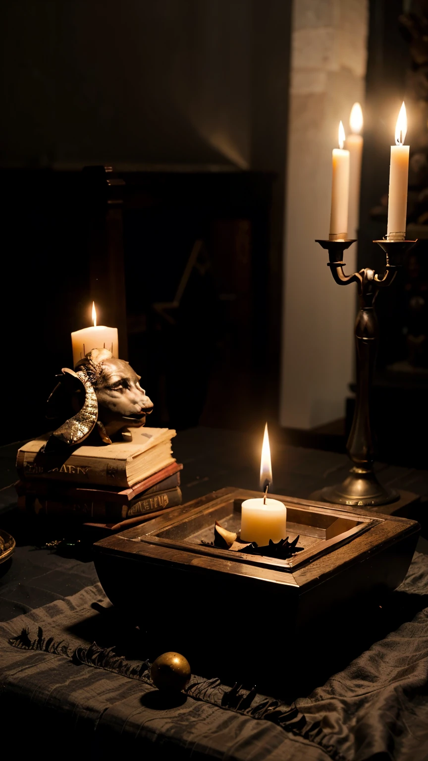 AN AMATEUR PHOTO, taken by a cell phone, angled view of an ultra-detailed Goetia altar. There are goblets with wine, a small pyramid with a black mirror in the middle, detailed magic symbols, a large number of candles lit in candlesticks. Some fruit dishes. Drink bottles. All of this, is on a table with a black tablecloth. There is a small black statue of Baphomet on the table (a representation of a black goat). The environment is a room for Masonic rituals. There are Lucifer sigils and pentagrams around the altar.
