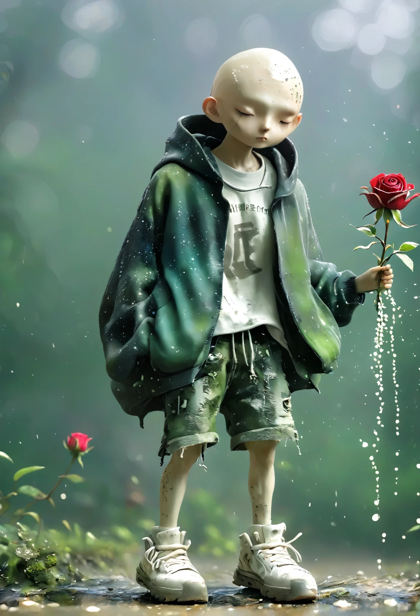 （Best quality：1.2），shabby，Dirty，(((Baldhead，Tattered Hoodie，shorts，shoe，Rose，individual，bone，dynamic，Footwear，))),Rainy Day，in the corner，spring，moss，Small white flowers