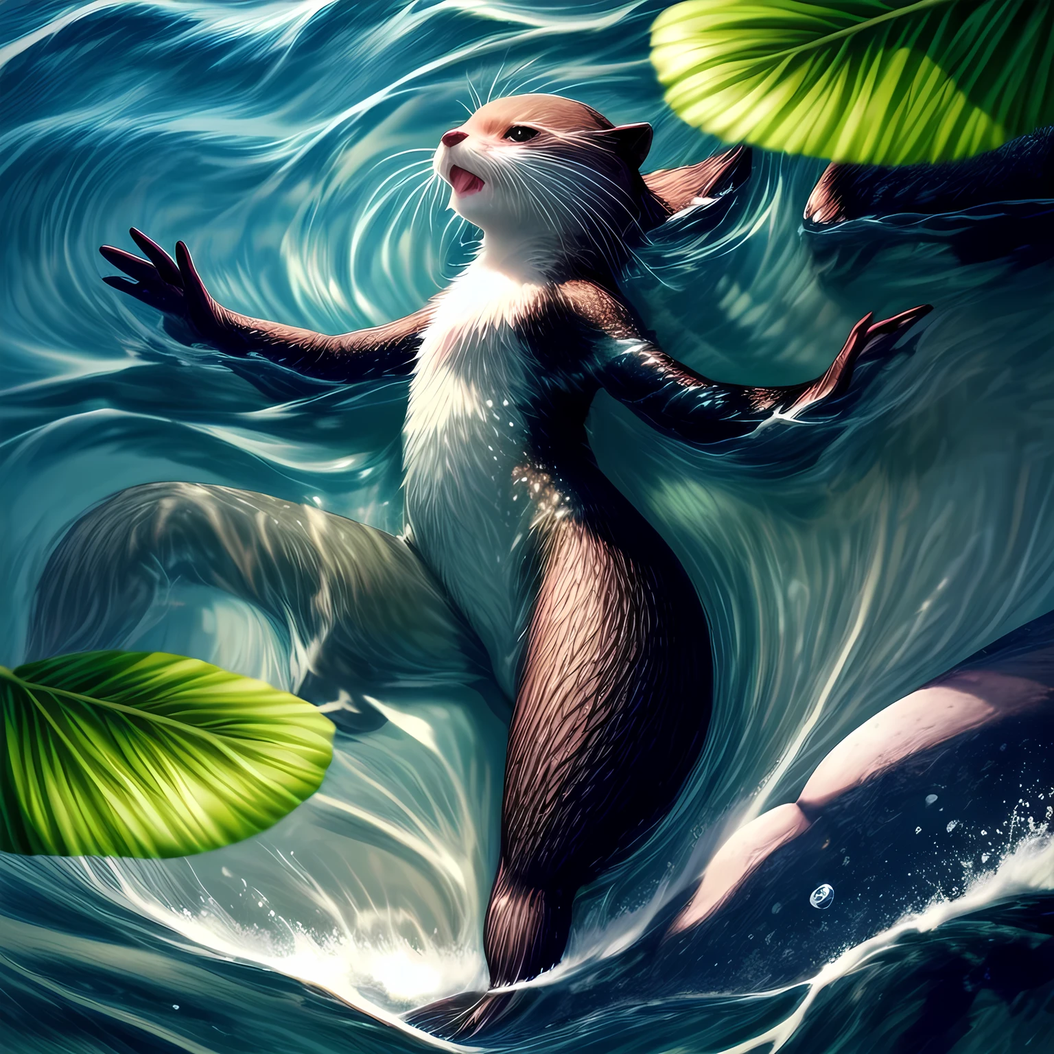 (best quality,highres),An Otter,sparkling water,playful,curious eyes,floating on its back,smooth fur,water droplets,shiny whiskers,slippery rocks,green vegetation,rippling waves,reflection of the sun,clear blue sky,vivid colors,natural habitat,splashing water,joyful movement,peaceful atmosphere,sunlit day,serene energy,water ripples,graceful swim,catching fish,dreamy scenery,endearing expression,blissful moment,masterpiece:1.2