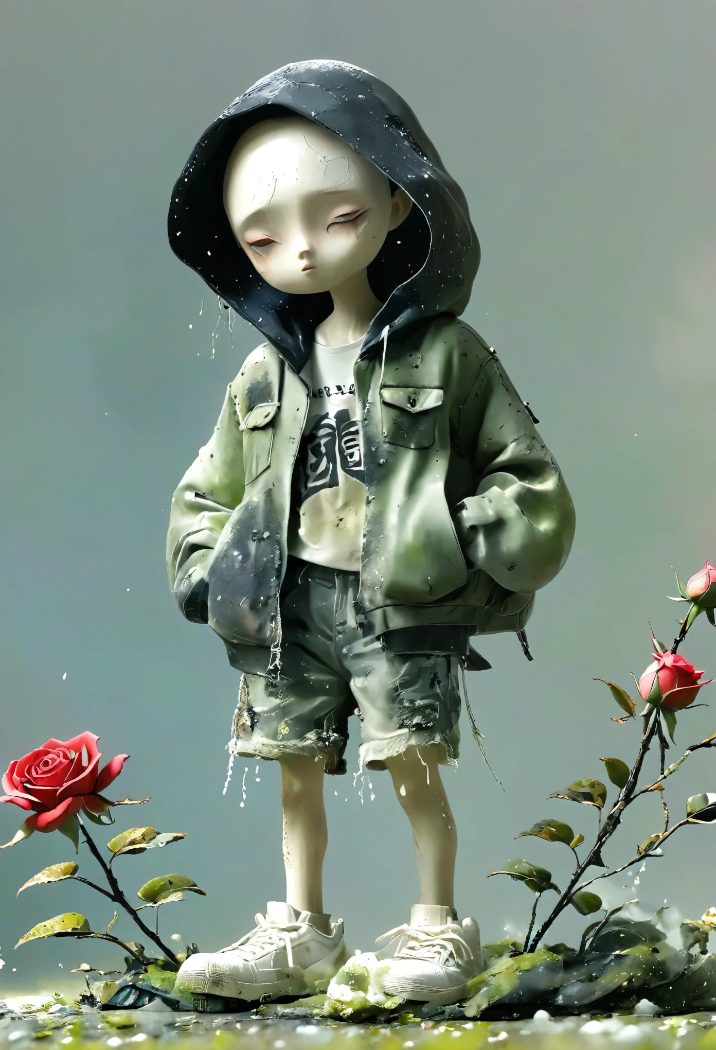 （Best quality：1.2），shabby，Dirty，(((Gege，palace，Tattered Hoodie，shorts，shoe，Rose，individual，bone，dynamic，Footwear，))),Rainy Day，in the corner，spring，moss，Small white flowers