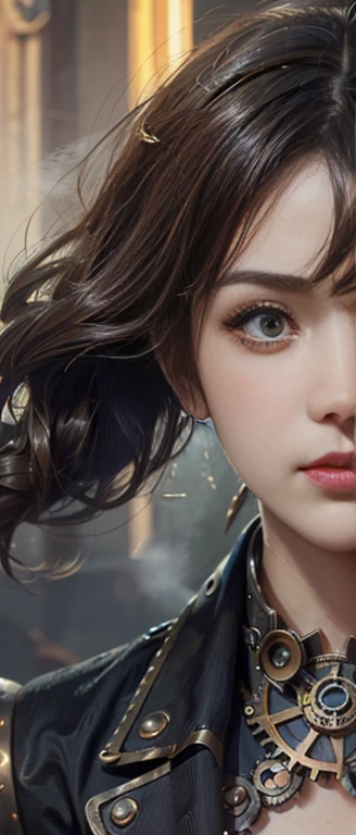 (UHD, Retina, masterpiece, precise, Anatomically_Accurate, Textured_skin, excellent_detail, High_details, High_quality, the best_quality, High_The reservoir, 1080p, HD, 4K, 8k, 16K), (fair_detailed_Eyes, fair_detailed_Lips, extremely_detailed_Eyes_and_Face), Soft_light, Physically based_Rendering, vivid_color, (Large target_breast:1.5), (shining_hair, shining_skin, Tanning_skin, Face红), (Bangs:1.5), Eye_reflection, (Bokeh), Half outline_view, (steampunk, steam_strength, Retro-futurism, Victorian Era_aesthetics, gear_and_bell_gears, bronze:1.5),