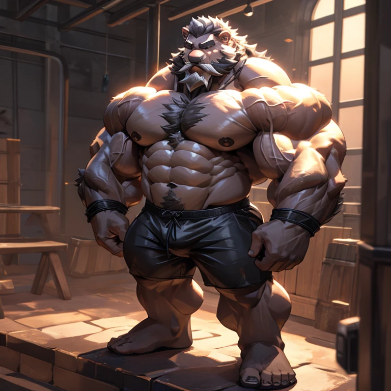 burly virile bulky man, overmuscular and musclebound, bulging veiny muscles, broad shoulders, wide chest, overly thick arms and legs, thick body, a hulking figure with swelling muscles, a long bushy beard and a thick mustache, grey hair, wearing shorts