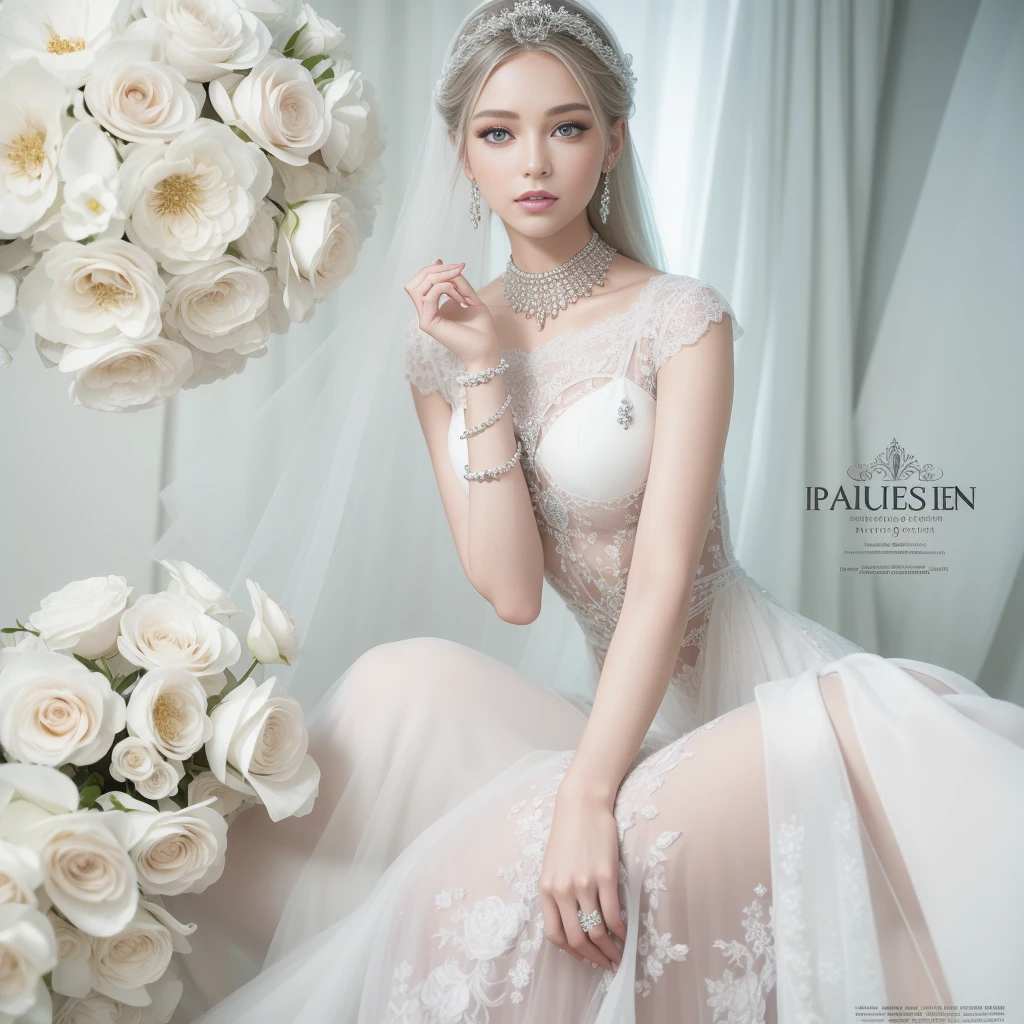 Present something attractive "Fashionista" Magazine Cover, pure white themed design. Our cover young model girl is the embodiment of beauty and charm, Captivate all with her stunning presence. Flowing silver hair flows down gracefully, Perfectly harmonized with elegant and elegant makeup. Her piercing ocean blue eyes draw you in, Reflects depth and charm, Although her lips resemble delicate rose petals, In addition to her enchanting charm. Wearing a breathtaking sleek mini lace gown, Decorated with intricate precious metals and jewelry decorations, She embodies the essence of elegance and luxury in a bright pale white shade. The dress emphasizes her beauty, Introducing her as the epitome of sophistication and talent. The cover background is a visual marvel, Features a harmonious blend of delicate petals and shimmering gemstones, Create an atmosphere of ethereal beauty. Flowers add a touch of romance and charm, Although gems shimmer like precious treasures, Enhance the appeal of a scene. This "Fashionista" Magazine cover celebrating the charm of pale white, Captivates readers with the touching beauty of stunning models decorated with ornate and intricate ensembles. With its luxurious charm and graceful finesse, The cover is、Promises an enchanting journey into the world of fashion and style, An indispensable item in the collection of every fashionista.