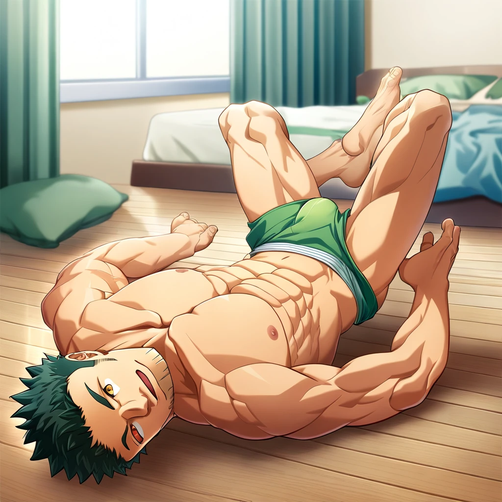  male focus, full body, muscular male, best quality, amazing quality, amazing aesthetic, absurdres, rating explicit, official style, year 2023, game cg, Priapus, bedroom, smiling, navel, nipples,lying, on back, wearing a green underwear, eyes open