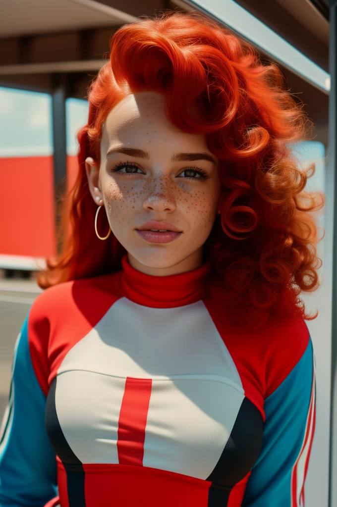 A 21 year old woman A mix of Polish, Swiss, and French descent, Stacey has curly red hair, freckles across her nose, and a  build. She dresses in bold colors and patterns, embodying her outgoing and infectious energy, cheerleader , slender, athletic, cute dress, modest, jacket