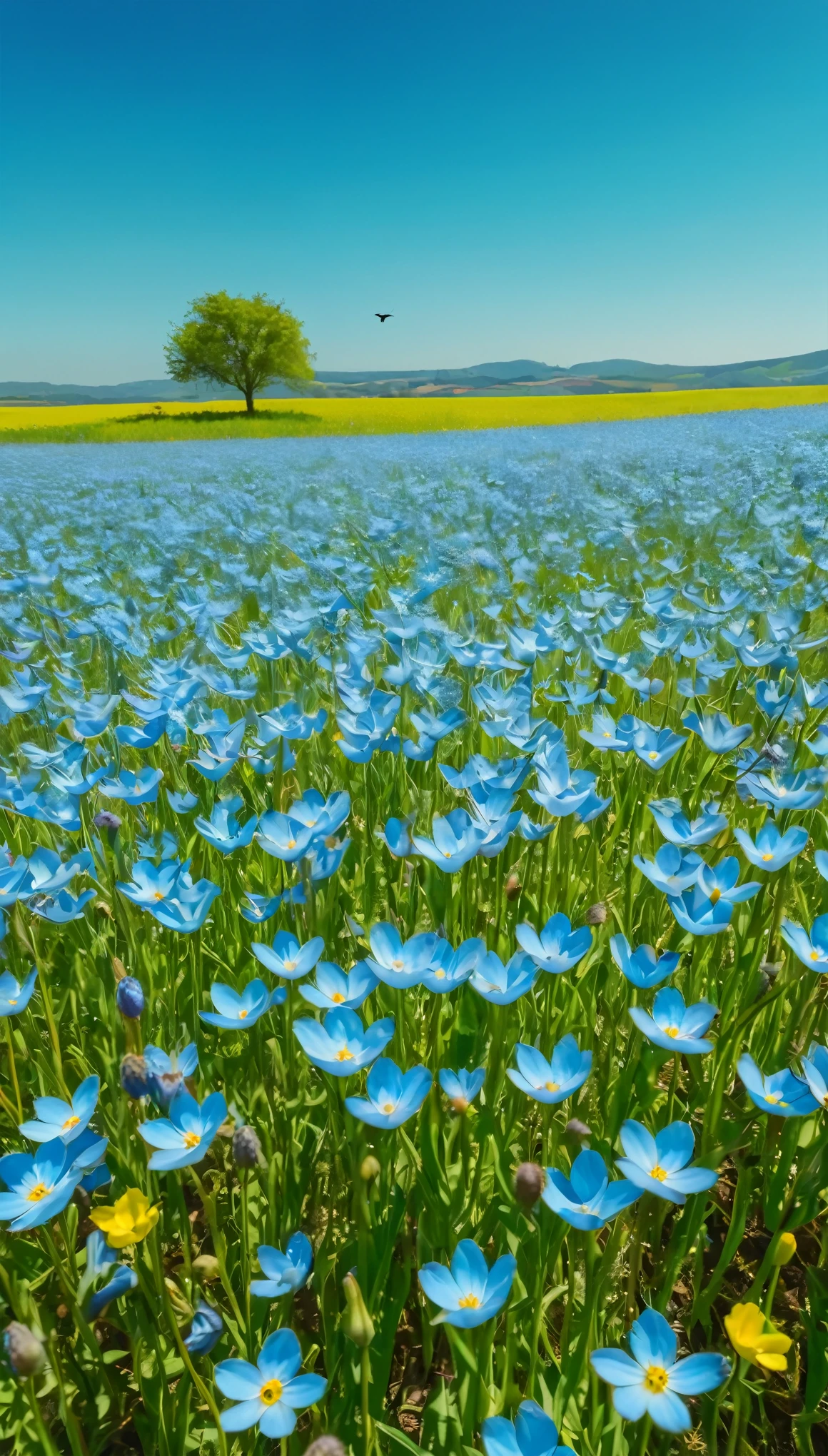 Pessoa colhendo flores de um campo. Beautiful landscape of a flower field on a spring morning. in the blue sky, birds flying. cinematic lighting. Feeling of satisfaction. Ultra HD. Altamente detalhado. Pessoa colhendo flores em primeiro plano 