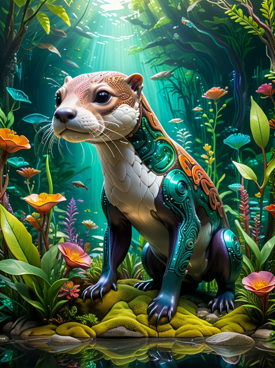 Future genetic engineering will incorporate organisms like transparent mechanical otters into their artworks, Covered by Fauna, Flora. Alebrije, looking at camera, light, masterpiece, Ultra HD, Axonometric drawing, Garden Forest. Cyberpunk overall picture quality is high, With HDR rendering function.