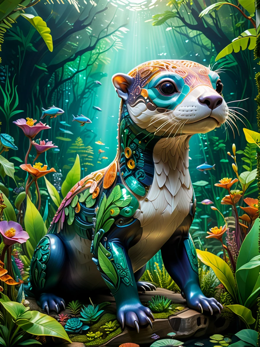 Future genetic engineering will incorporate organisms like transparent mechanical otters into their artworks, Covered by Fauna, Flora. Alebrije, looking at camera, light, masterpiece, Ultra HD, Axonometric drawing, Garden Forest. Cyberpunk overall picture quality is high, With HDR rendering function.