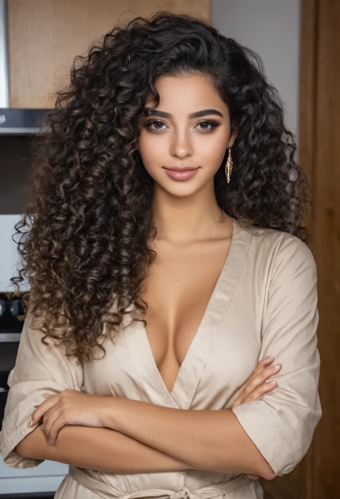 Fille marocaine, brune, (Robe couverte respectueuse), (black curly hair with blonde ends), chef-d'artwork, best quality, Very detailed, (Gorgeous, detailed eyes Gorgeous, detailed face, matte skin and luscious, detailed lips), (best quality), (Ultra-detailed), (chef-d'artwork), (High resolution), (original), Ultra-realistic., 3D rendering table full of delicious food, femme en robe noir
