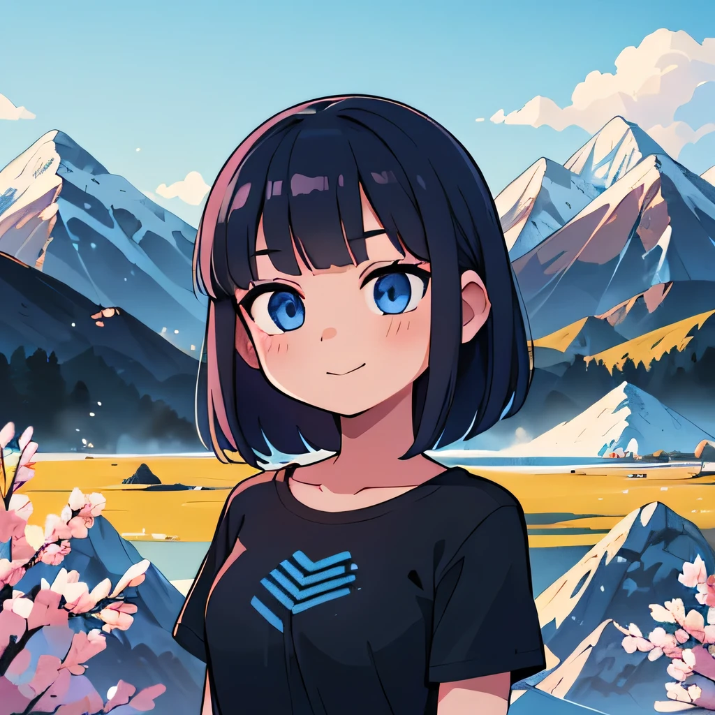 (Ultra bright color, Masterpiece, Best quality, blossom, Warm, soft light, modern, Hi-tech), 1 girl, One, standing tall, full length, (mountains background:1.4), black T-shirt without print, beautiful detailed face, slight smile, (blue) Medium hair, (detailed (blue) Ruby eyes), young, small breasts