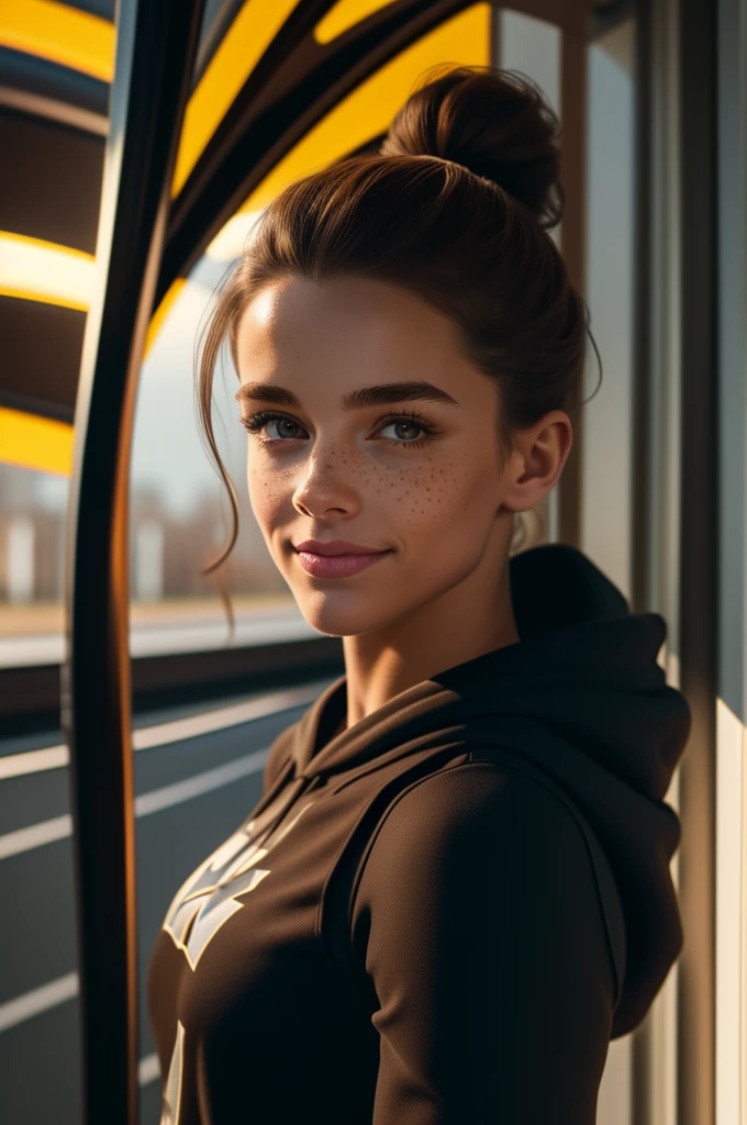 She has shoulder-length brown hair in a stylish updo, hazel eyes, and a tall and fit physique. Morgan's wearing a hoodie,leggings, that complements her dynamic personality, thin, slender, small frame, cheerleader,,((pale skin)), freckles,portrait, smiling 