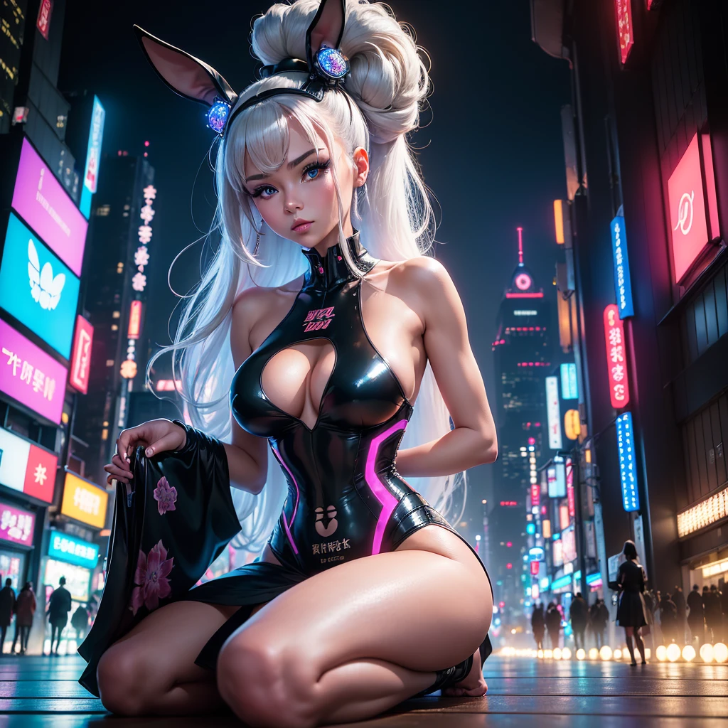 (((1 Beautiful Moscow woman on her knees)))(((kneeling on the Tatami)))(Best quality, 4K, 8K, high resolution, masterpiece: 1.2), ultra detailed, (realistic, photorealistic, photorealistic: 1.37) (bunny headband).(White kimono).(full body image)(((Seiza position)).(bun in hair)((ponytail))((bunny headband))( long black hair)(Straight hair).(super detailed blue eyes).(cyberpunk city)(futuristic tokyo)(((Futuristic City))) Tokyo at Night