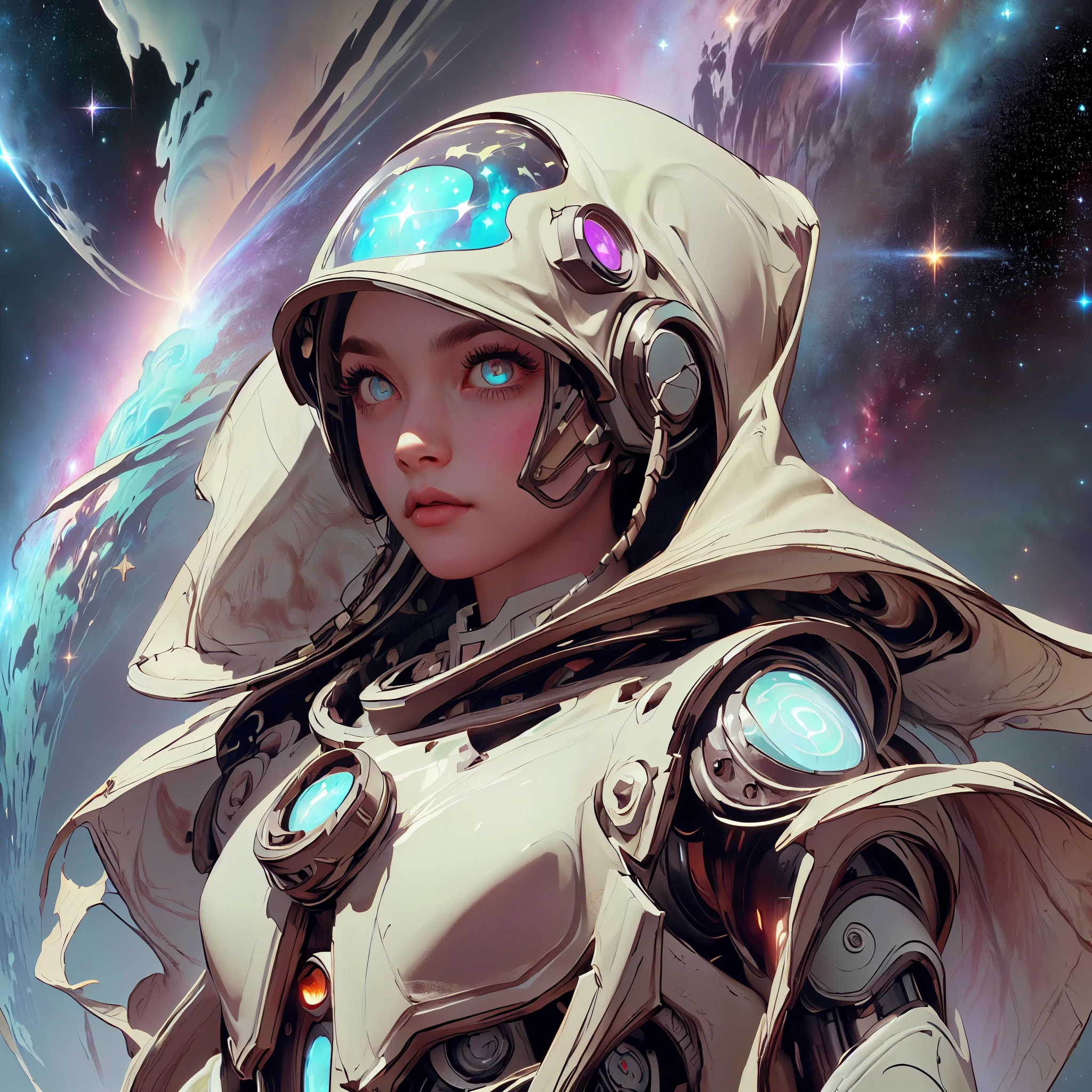 (symmetrical, beautiful eyes) there is a screenshot of a woman in a space suit, a cosmic girl, an event, a cosmic entity, incriminate content details, endless cosmos in the background, historical event, real event, astral background, cosmic background, cosmic goddess, cyborg goddess in cosmos, celestial cosmos, game interface, violet battlefield theme, cosmic style, hyperdetailed content, background details.