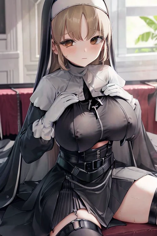 (best quality, masterpiece),(Best quality:1.5),Very detailed， Large Breasts,(shy expression:1.5),(solo:1.5),( A nun:1.5), Blonde hair,( Hair between the eyes:1.3), (supporting breasts with both hands:1.5),  sitting，(Black Nun dress:1.4)，(Wearing a black mask:1.5)，In the church，(Clothes that just be see-through at nipples part:1.4),(red nipples are just exposed out of the cloth:1.3),(visible red nipples:1.4),(exposed legs:1.3)，(exposed nipples:1.4)